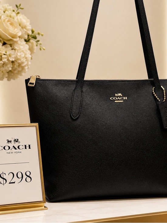 Coach Handbags - Coach Fiona Zip Tote Bag in Black Crossgrain Leather with Gold Hardware